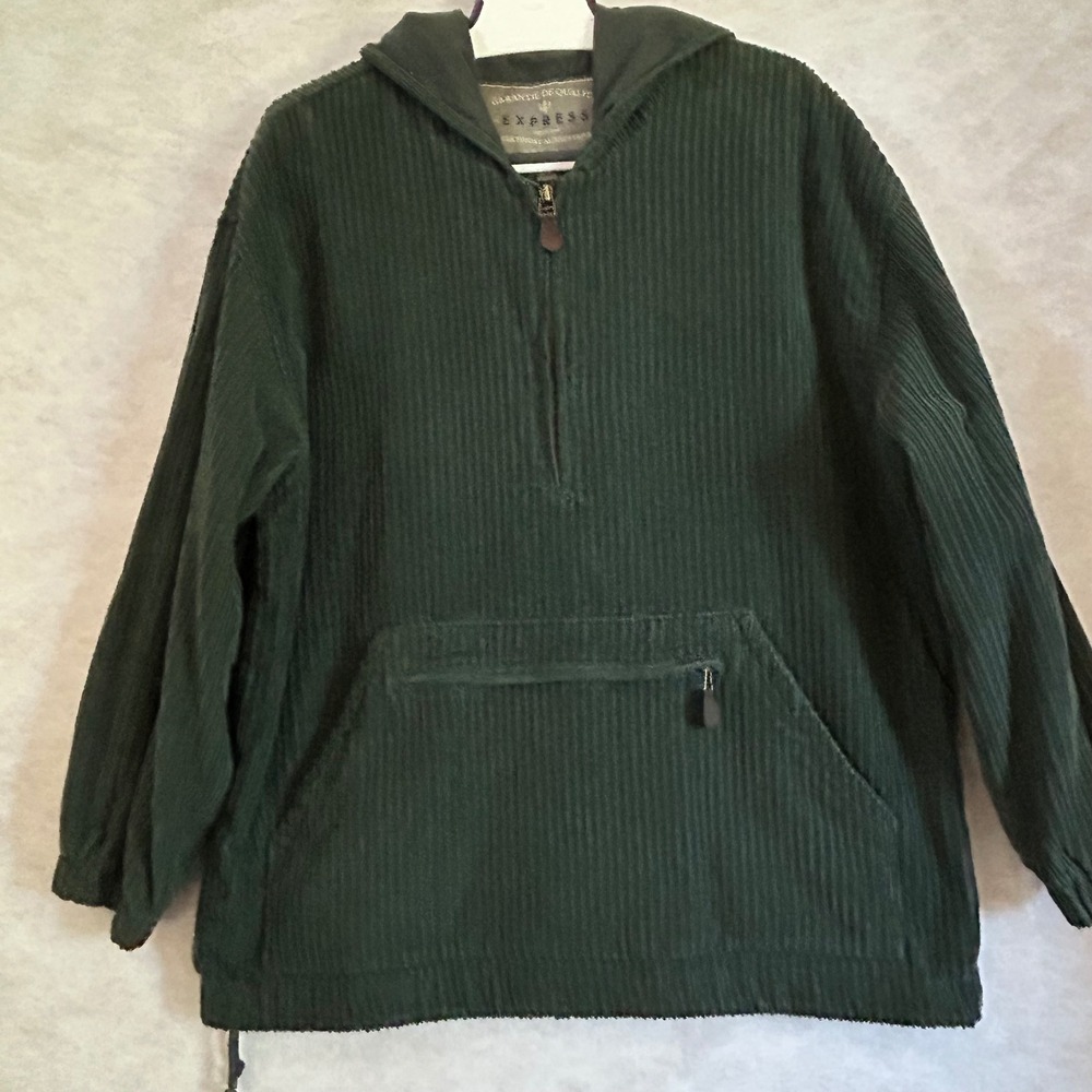 Express Vintage Forest Green Corduroy Quarter Zip Hooded Anorak Jacket Mens M